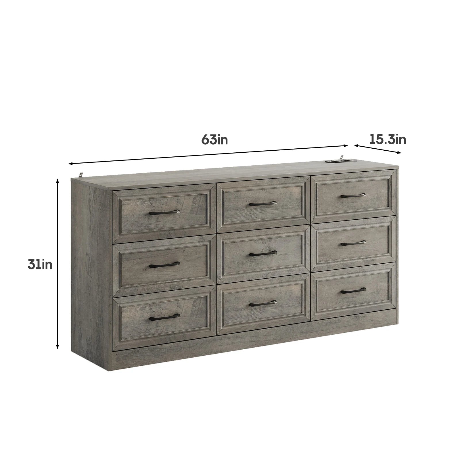 Vabches Wood Dresser for Bedroom 9 Drawer Storage Organizer with Power Outlet and Metal Handles - Cheerful Home Finds