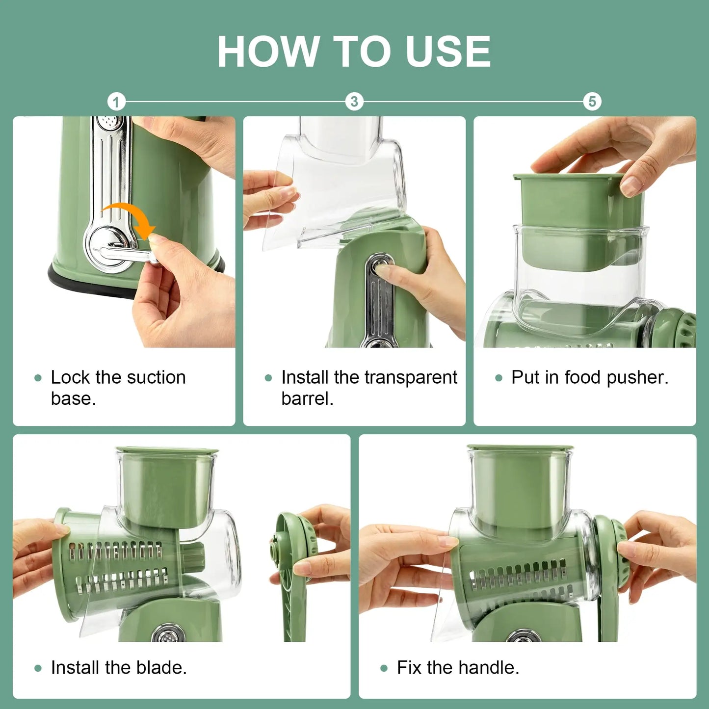 Rotary Cheese Grater with Handle Food Shredder and 5 Well Designed Blades with Strong Suction Base Round Mandoline Slicer - Cheerful Home Finds