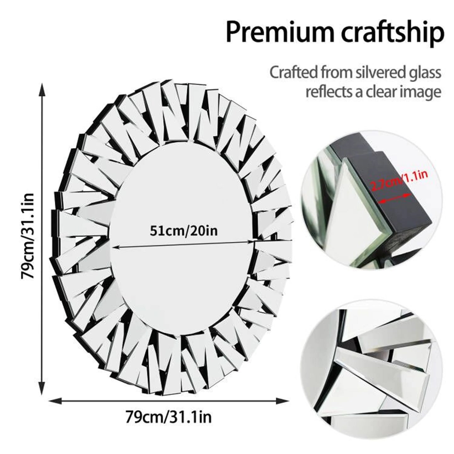 Unique Sunburst Decorative Wall Mirror Round 800MM Silver - Cheerful Home Finds