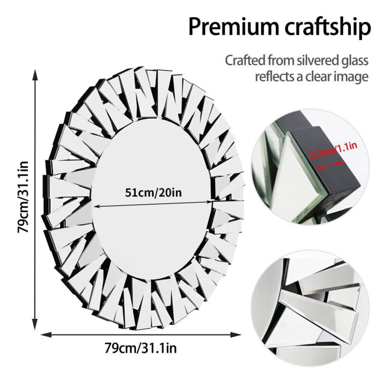 Unique Sunburst Decorative Wall Mirror Round 800MM Silver - Cheerful Home Finds