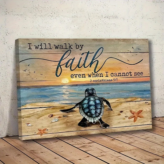 1PC Wood Framed Landscape Canvas Painting Turtle Beach Poster Christian Gift I Will Walk By Faith Home Decoration - Cheerful Home Finds