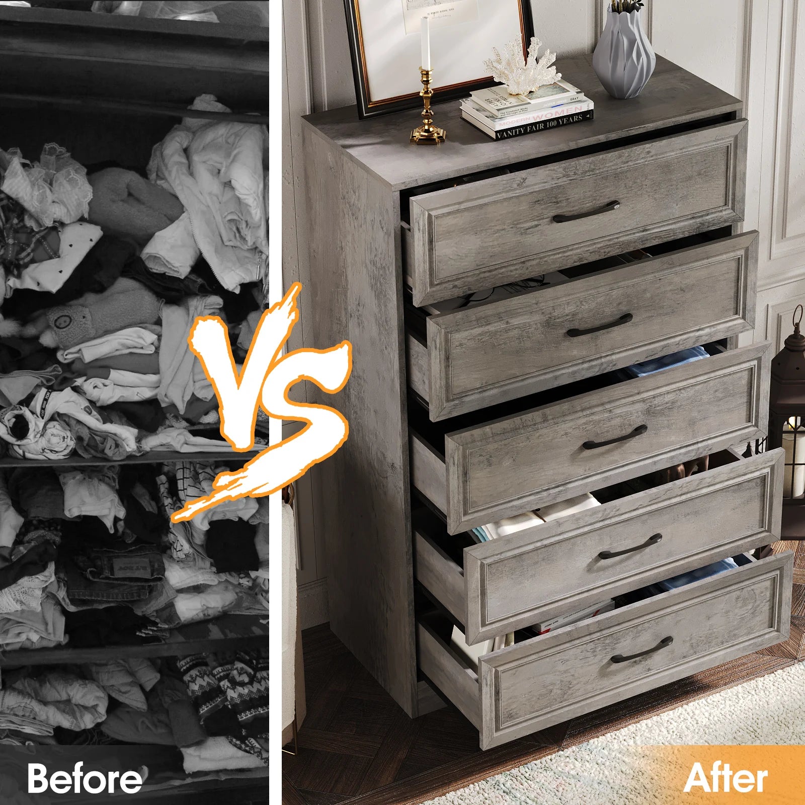 Vabches Wooden Dresser for Bedroom 47 Inch Tall 5 Drawer Storage Organizer with Metal Handles - Cheerful Home Finds