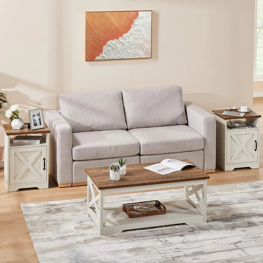 3 Piece Farmhouse Living Room Table Set with Coffee Table and 2 End Tables Charging Station and USB Ports Distressed White