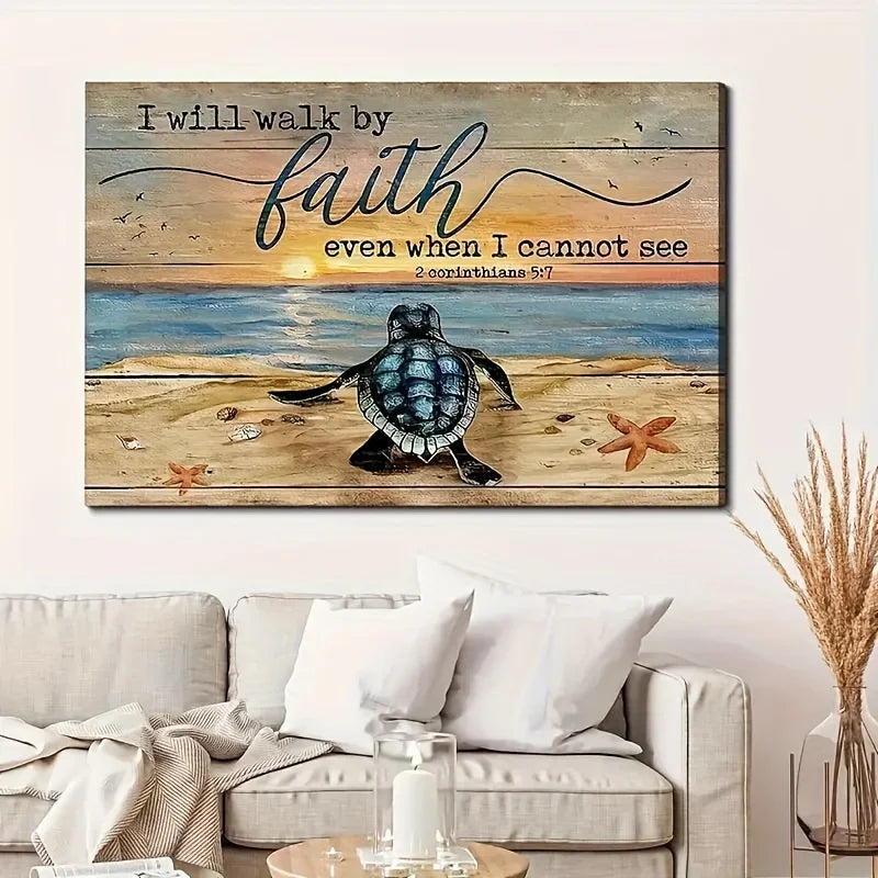 1PC Wood Framed Landscape Canvas Painting Turtle Beach Poster Christian Gift I Will Walk By Faith Home Decoration - Cheerful Home Finds