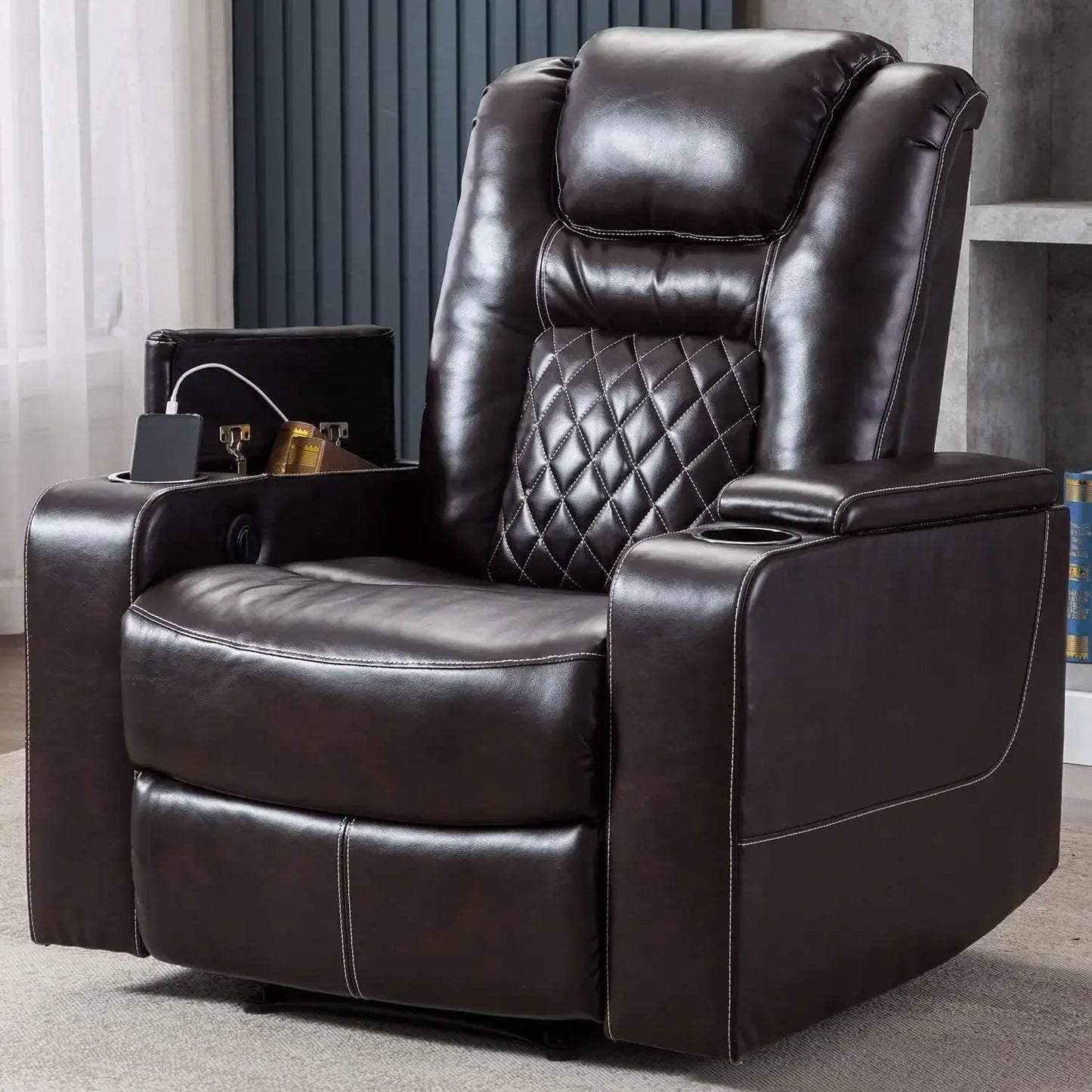 Electric Power Recliner Chair With USB Ports And Cup Holders Breathable Leather Home Theater Seating With Hidden Arm Storage
