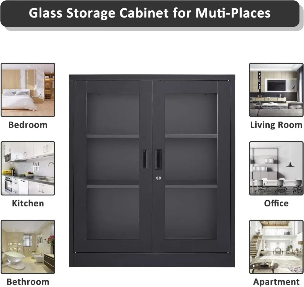Black Metal Storage Cabinet with Doors and Shelves Display Cabinet with Acrylic Doors - Cheerful Home Finds