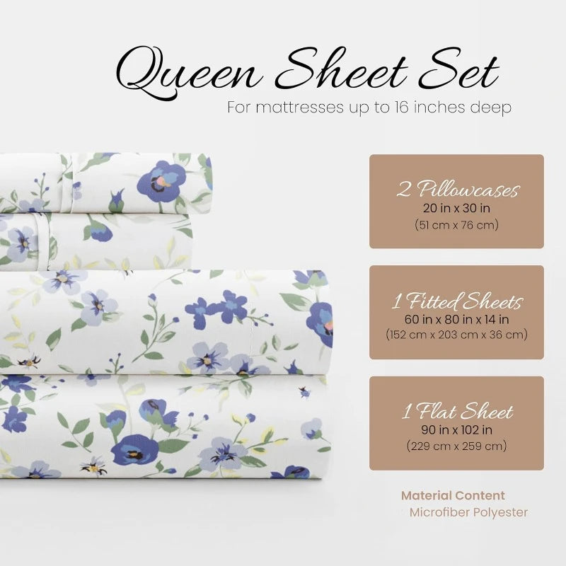 4 Piece Queen Sheet Set Light Blue Floral Ultra Soft Cooling Bed Sheets - Cheerful Home Finds