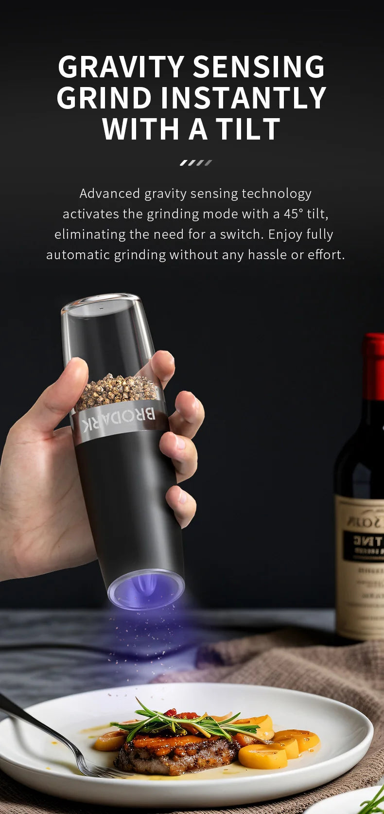 1/2Pcs Gravity Electric Salt And Pepper Grinder Set Battery Powered LED Light One Hand Automatic Operation - Cheerful Home Finds