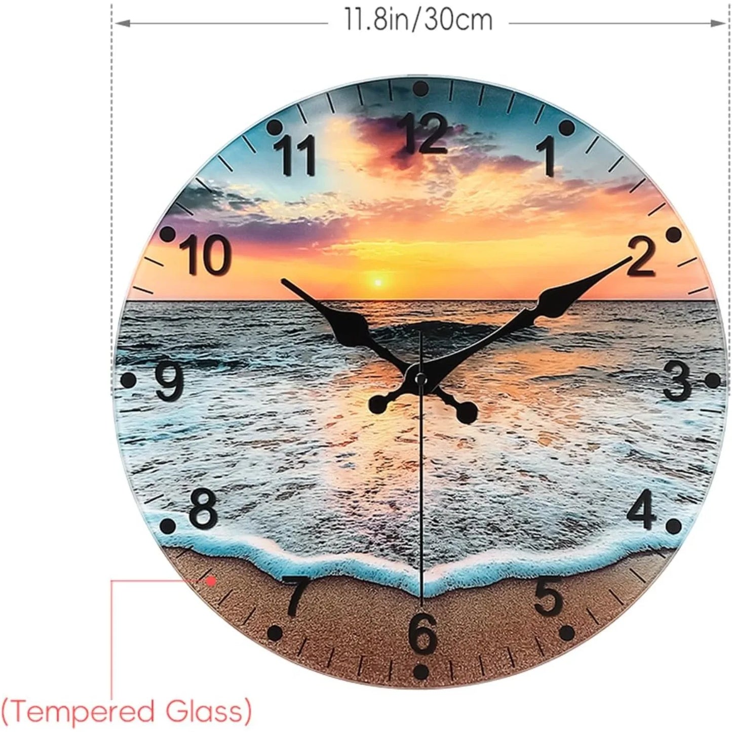 12 Inch Silent Non Ticking Wall Clock Beach Sunrise Glass Battery Operated Analog Clock for Bedroom Living Room Kitchen Office