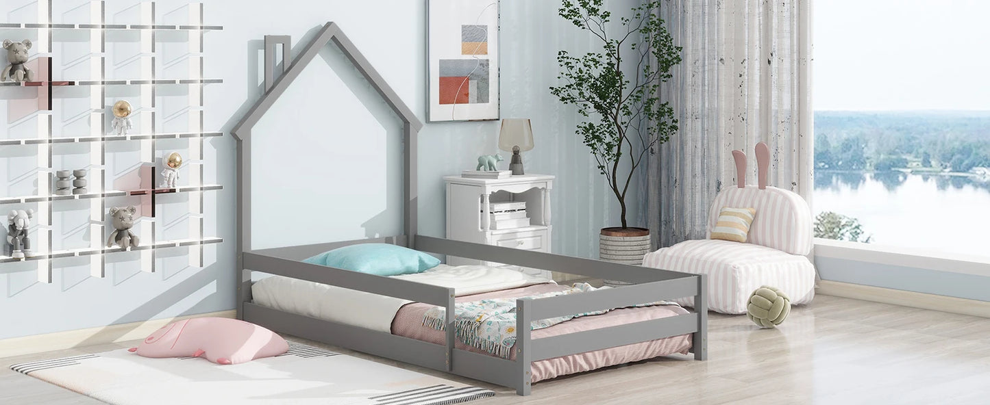 Twin Size Wood Bed With House-Shaped Headboard Grey - Cheerful Home Finds