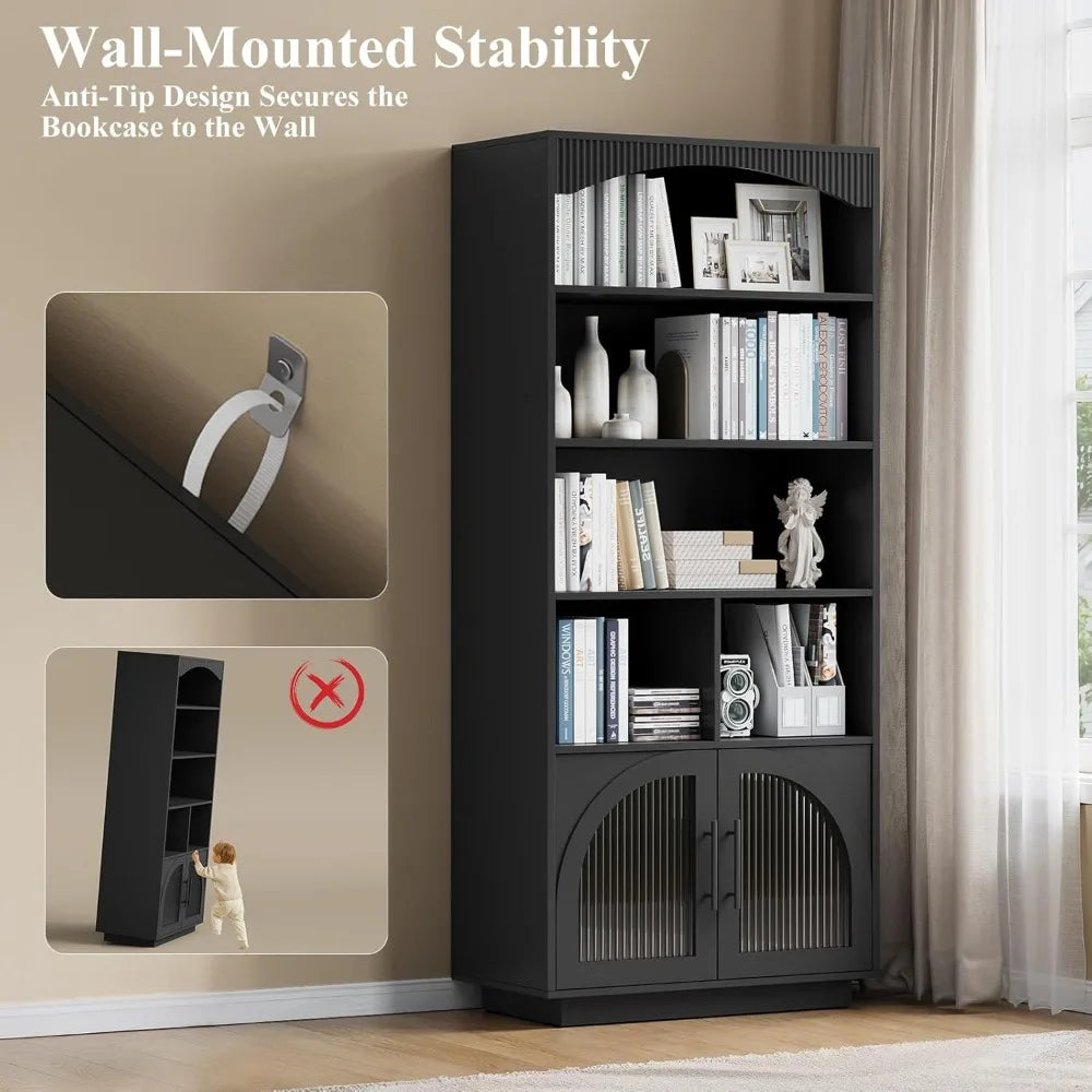 70 Inch Tall Bookshelf with Doors 5 Tier Storage Cabinet and Adjustable Shelves Mid Century Modern Bookcase Wood Finish