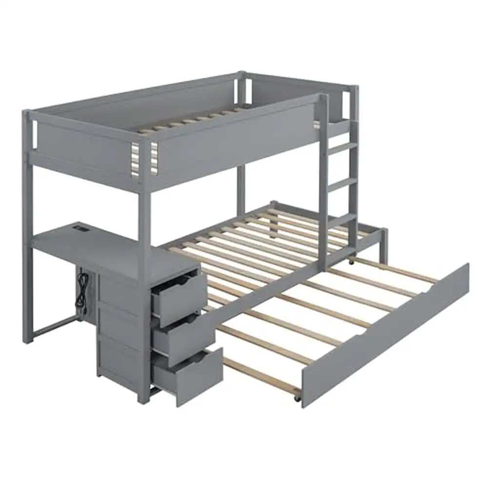 Twin Over Twin Bunk Beds with Desk Storage Drawers Trundle Charging Station Kids Teens Girls Gray Wood Frame 65.4"H 300 lbs - Cheerful Home Finds