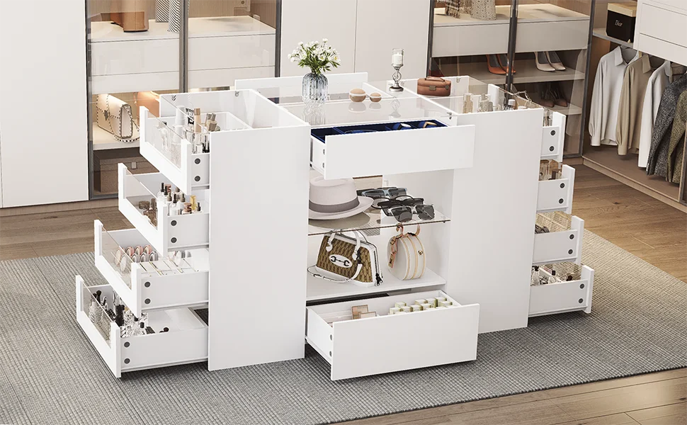 Closet Island with Drawers, White Dresser & Glass Top - Cheerful Home Finds