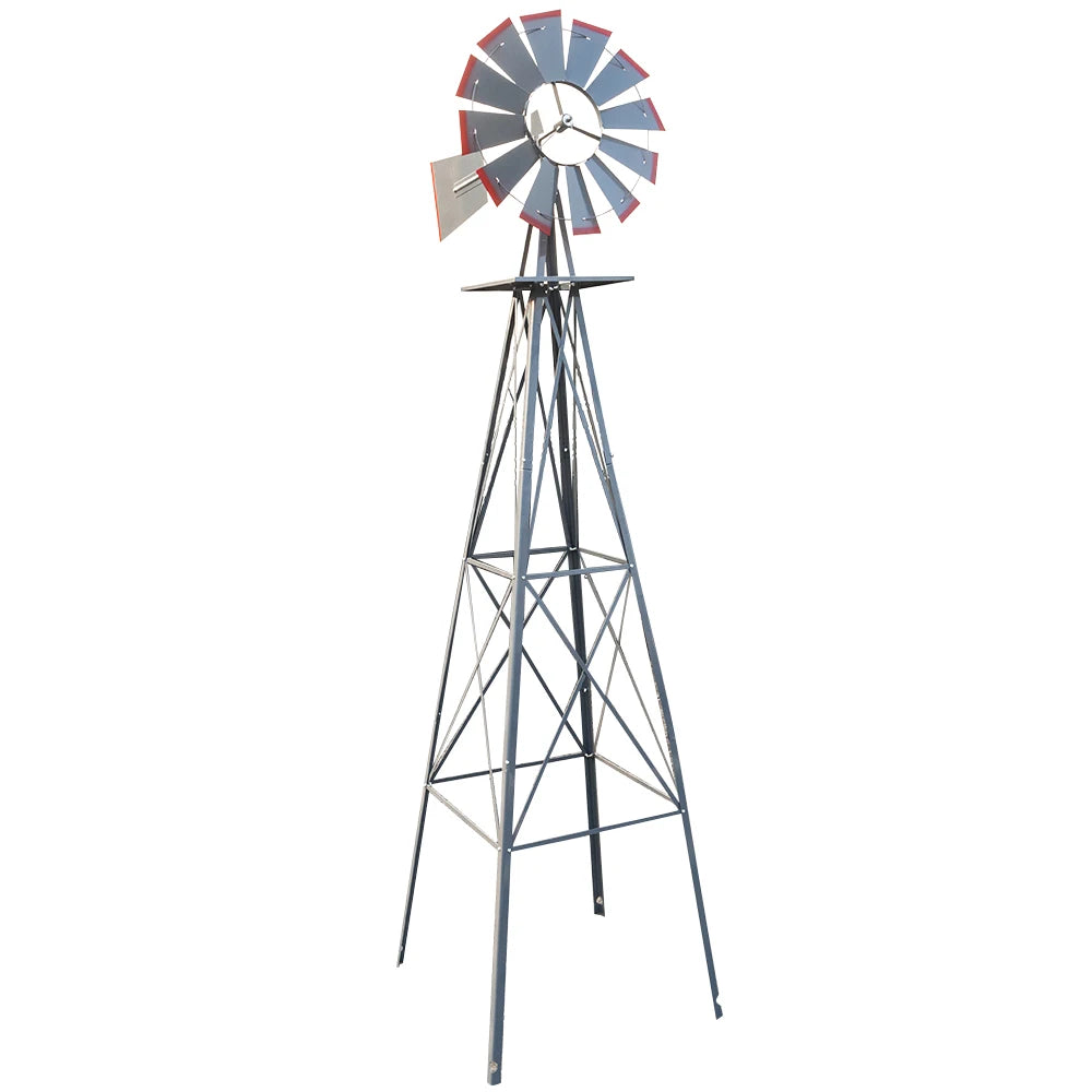 8FT Weather Resistant Yard Garden Windmill Gray and Red - Cheerful Home Finds