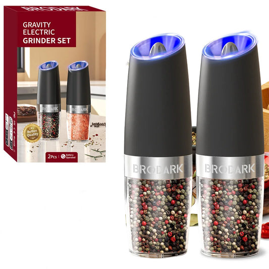 1/2Pcs Gravity Electric Salt And Pepper Grinder Set Battery Powered LED Light One Hand Automatic Operation - Cheerful Home Finds