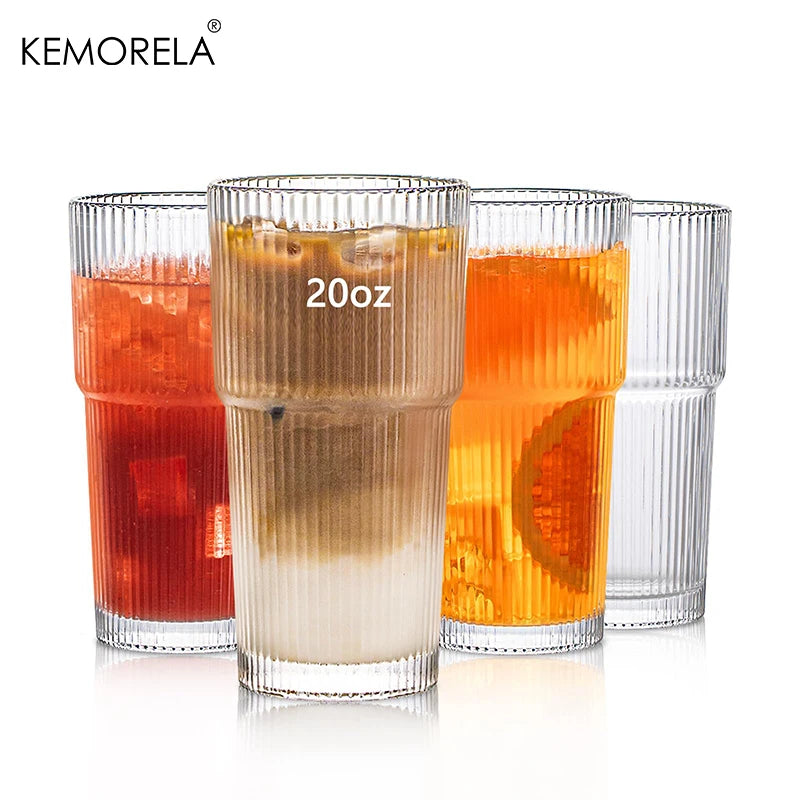 KEMORELA 20oz Ribbed Glass Tumbler Set of 4 for Drinks - Cheerful Home Finds