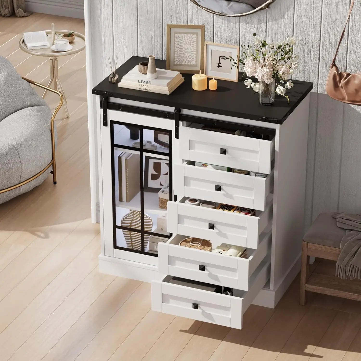 Vabches Dresser for Bedroom 6 Drawer with Glass Door - Cheerful Home Finds