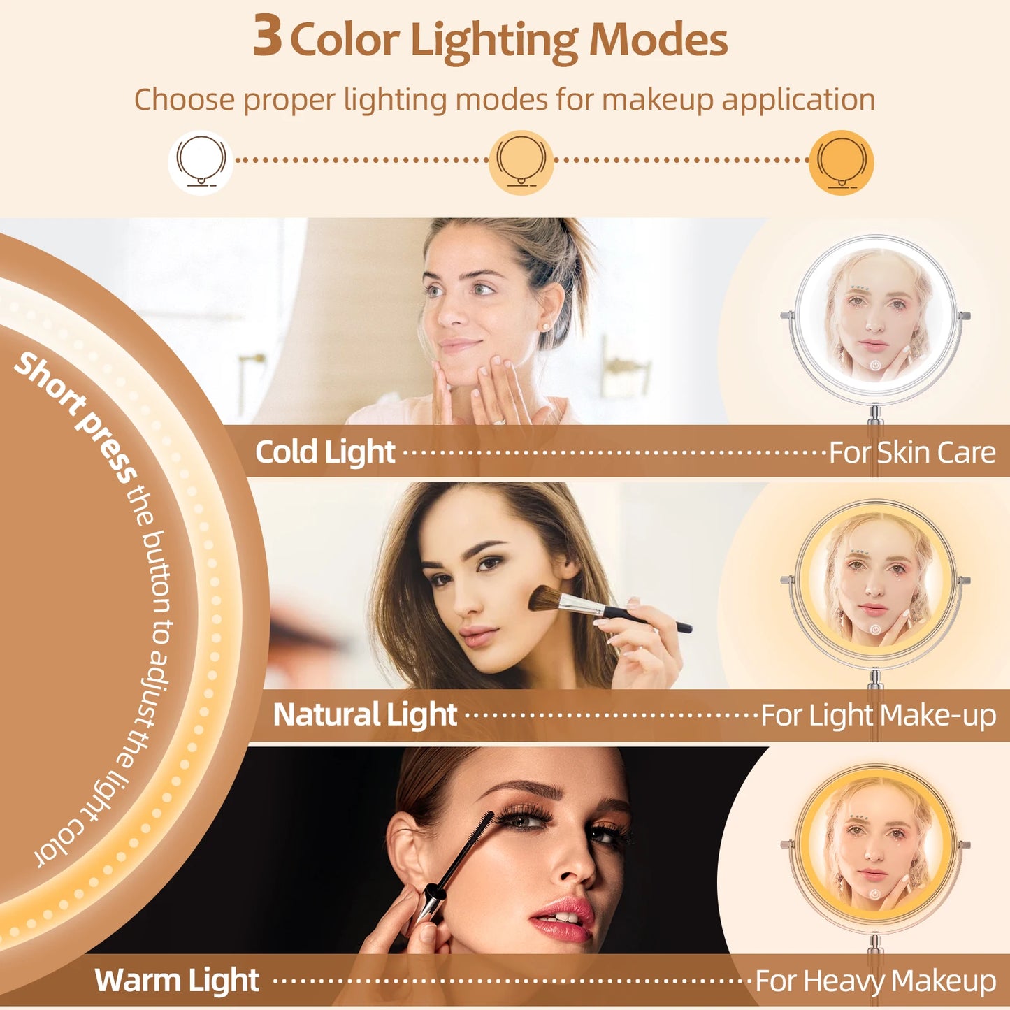 8 Inch Makeup Mirror With Light Lamp 10X Magnification 3 Color Lights Adjustable Brightness Height Standing Mirror - Cheerful Home Finds