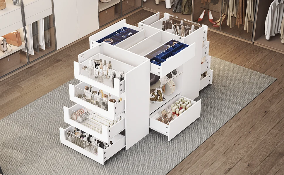 Closet Island with Drawers, White Dresser & Glass Top - Cheerful Home Finds