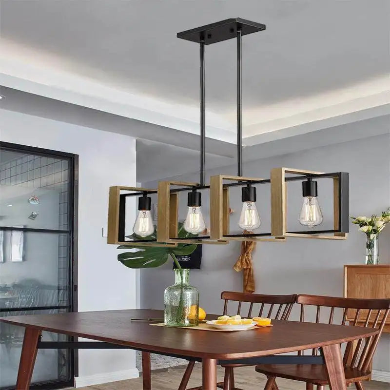 Vintage Industrial Style 4-Head Pendant Light Solid Wood Iron Hanging Lamps for Dining Room and Restaurant Lighting Fixture