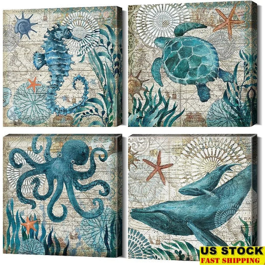 Ocean Sea Turtle Octopus Canvas Wall Art Waterproof Beach Decor Coastal Bathroom Accessories Vintage Whale Framed Prints Gift - Cheerful Home Finds