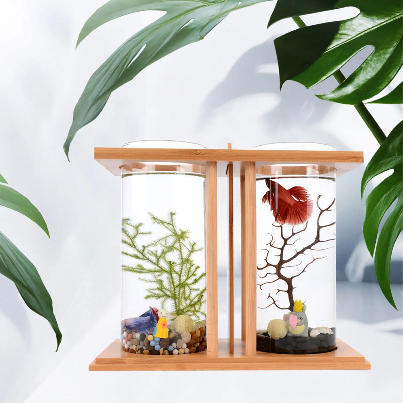 Glass Betta Fish Tank Bamboo Base Mini Aquarium For Desktop - Cheerful Home Finds