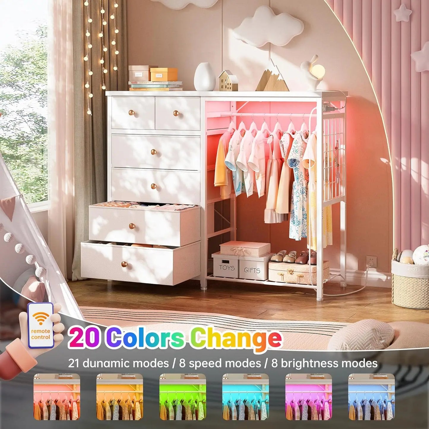 49.2 Inch White Dresser for Bedroom with Hanging Rack and Six Drawers LED Lights and Charging Station Fabric Dressers - Cheerful Home Finds