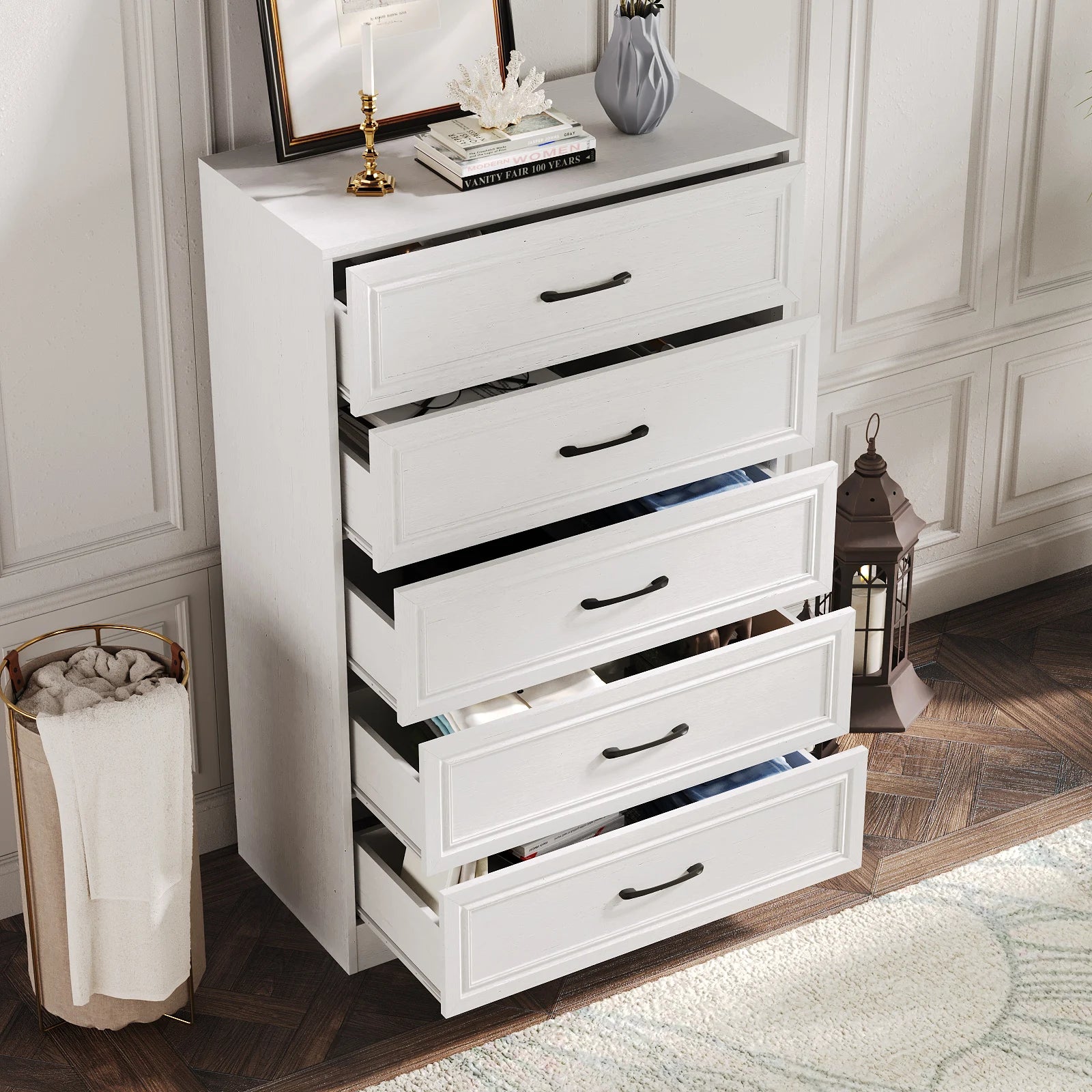Vabches Wooden Dresser for Bedroom 47 Inch Tall 5 Drawer Storage Organizer with Metal Handles - Cheerful Home Finds