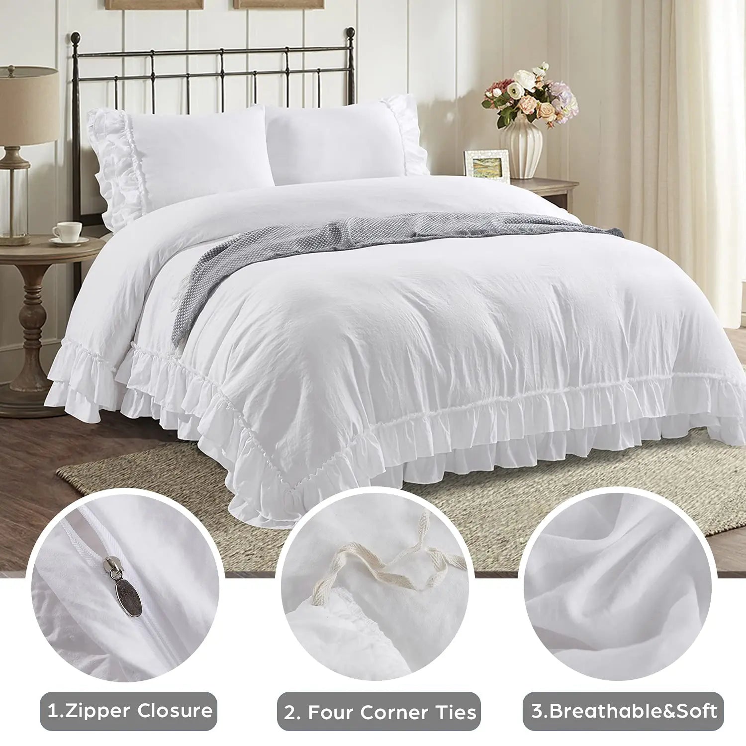 3 Piece Ruffled Duvet Cover Set Queen Farmhouse Ruffle - Cheerful Home Finds