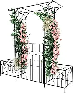 Garden Arbor with Gate and Planter Box Metal Garden Arch for Climbing Plants Outdoor Wedding Ceremony Decor - Cheerful Home Finds
