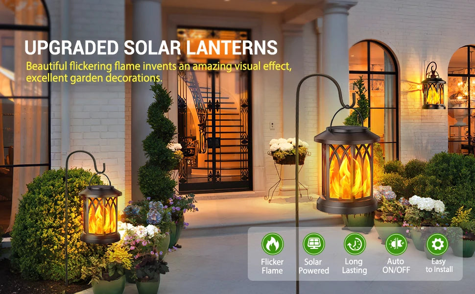 2 Pack Upgraded Flickering Flame Solar Lanterns Lights Outdoor - Cheerful Home Finds