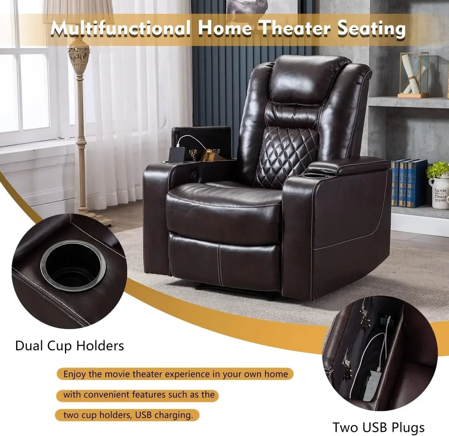 Electric Power Recliner Chair With USB Ports And Cup Holders Breathable Leather Home Theater Seating With Hidden Arm Storage