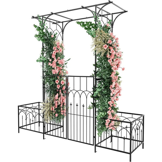 Garden Arbor with Gate and Planter Box Metal Garden Arch for Climbing Plants Outdoor Wedding Ceremony Decor - Cheerful Home Finds