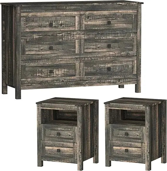 Farmhouse Bedroom Set 3 Pieces Rustic Wood 6 Drawer Dresser Nightstands and Wide Chest of Drawers Furniture