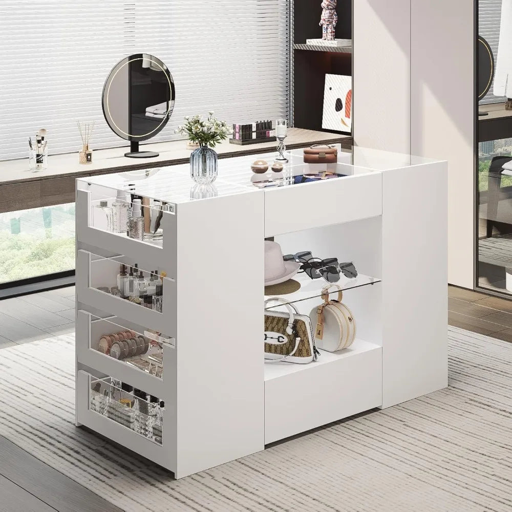 Closet Island with Drawers, White Dresser & Glass Top - Cheerful Home Finds
