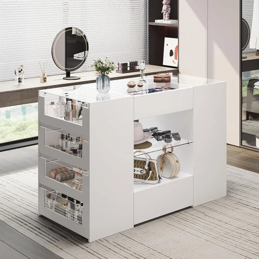 Closet Island with Drawers, White Dresser & Glass Top - Cheerful Home Finds