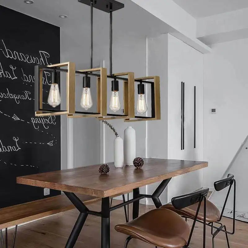 Vintage Industrial Style 4-Head Pendant Light Solid Wood Iron Hanging Lamps for Dining Room and Restaurant Lighting Fixture