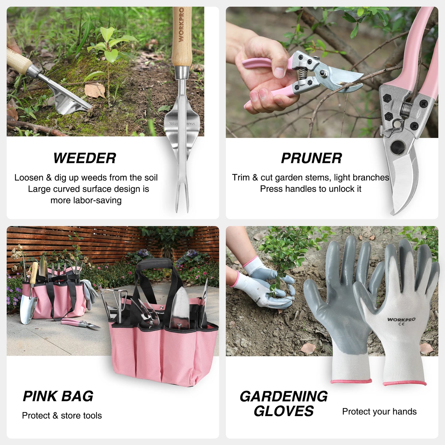 WORKPRO 8-Piece Pink Garden Tool Set with Tote and Gloves - Cheerful Home Finds