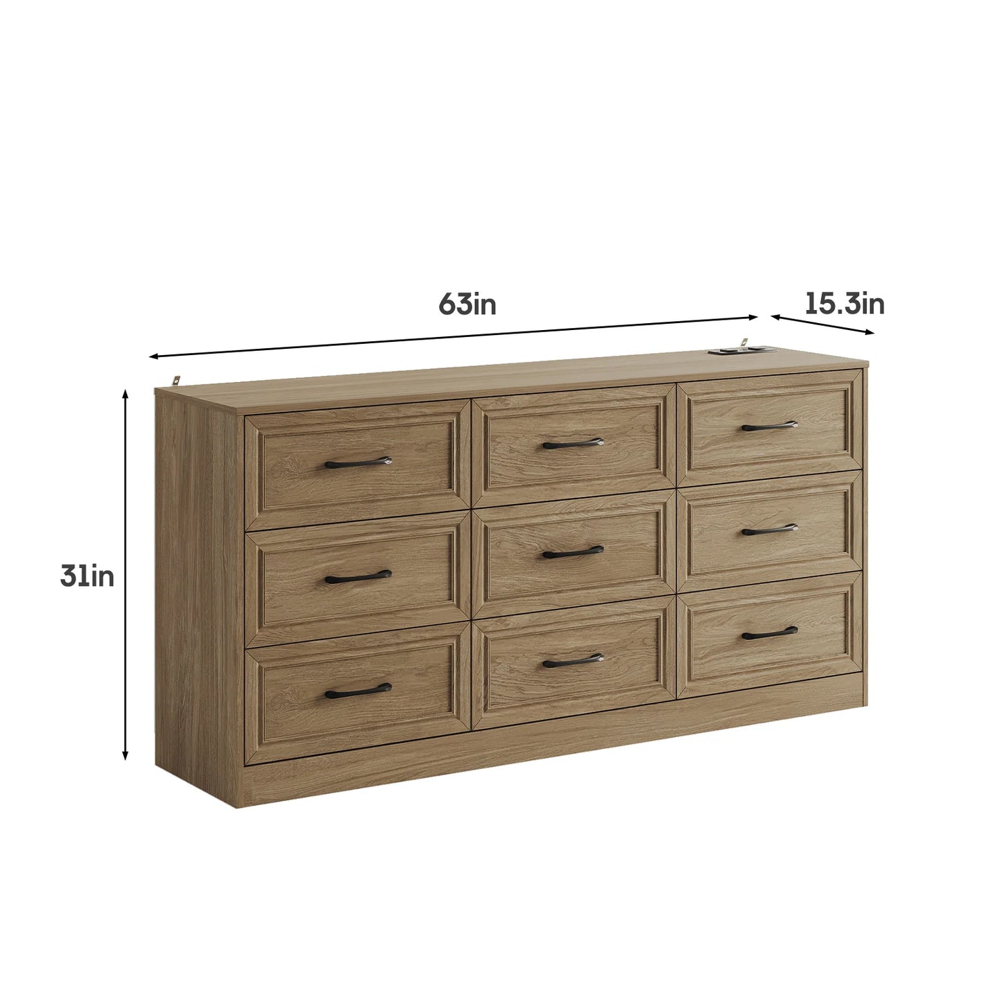 Vabches Wood Dresser for Bedroom 9 Drawer Storage Organizer with Power Outlet and Metal Handles - Cheerful Home Finds
