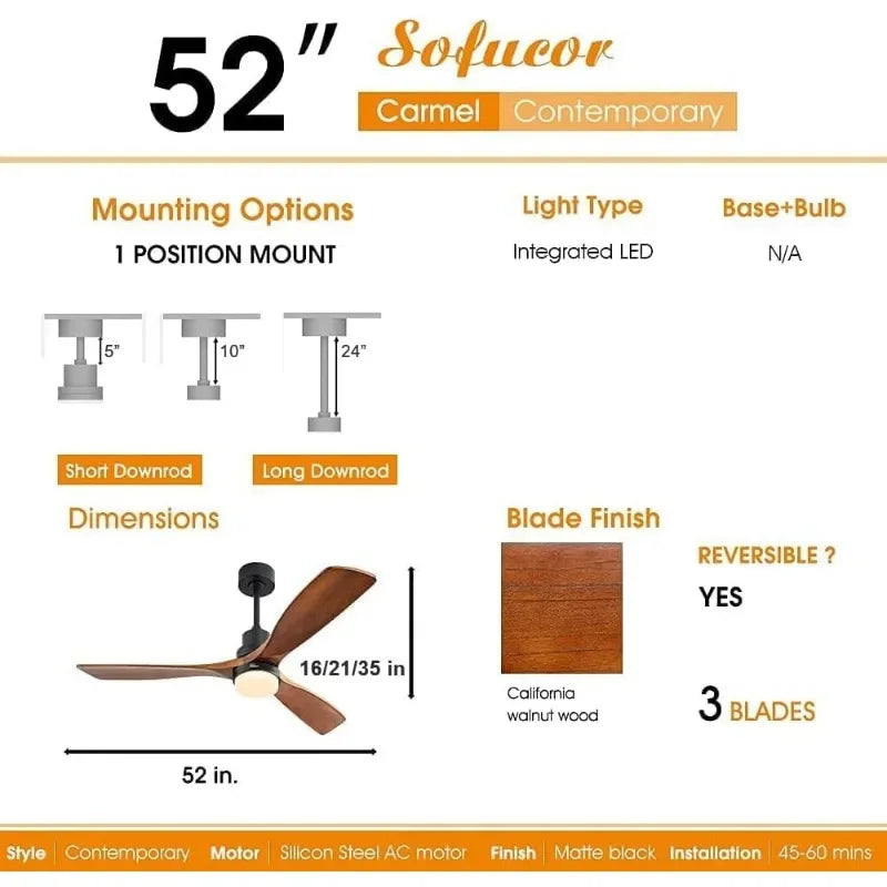 52 Inch Ceiling Fan with Lights Remote Control Noiseless - Cheerful Home Finds