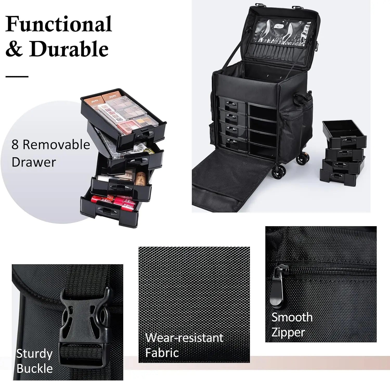Professional Makeup Case, 2in1 Travel Rolling Case with Wheels - Cheerful Home Finds