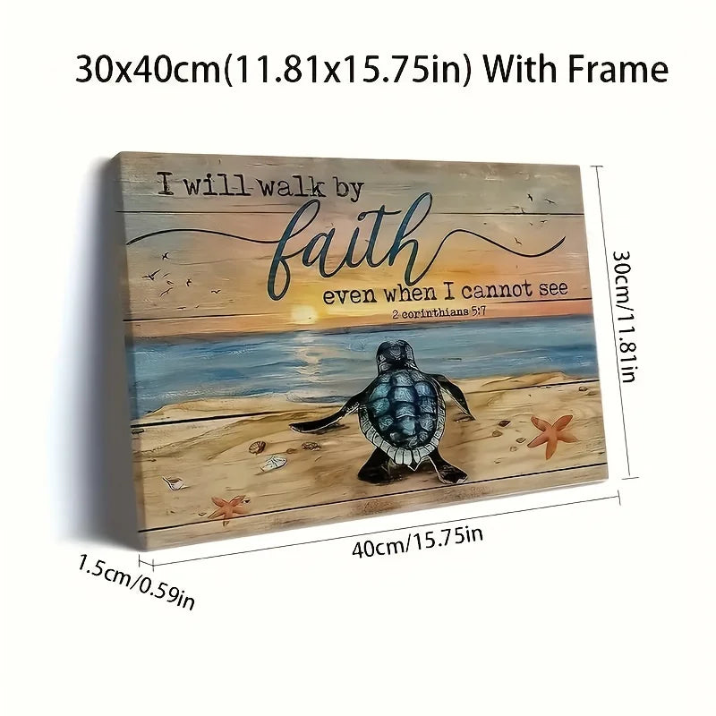 1PC Wood Framed Landscape Canvas Painting Turtle Beach Poster Christian Gift I Will Walk By Faith Home Decoration - Cheerful Home Finds