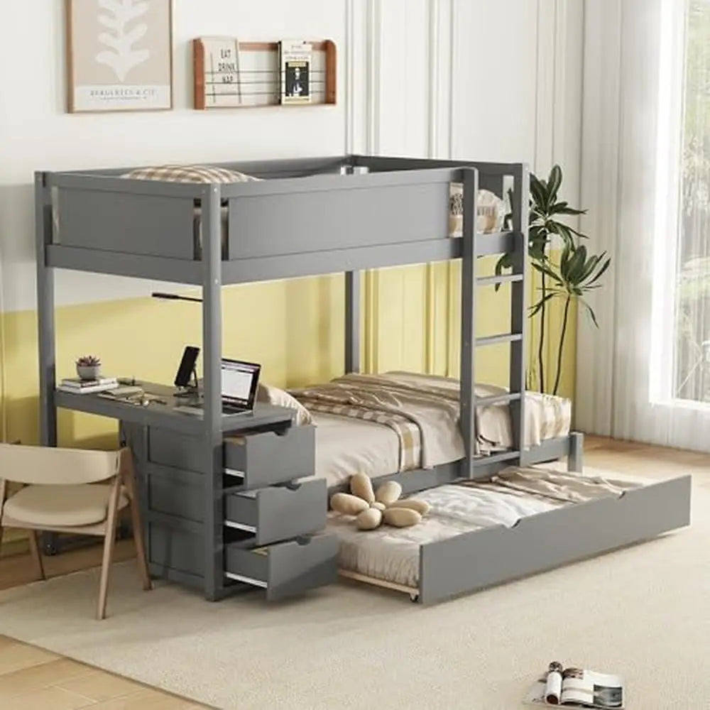 Twin Over Twin Bunk Beds with Desk Storage Drawers Trundle Charging Station Kids Teens Girls Gray Wood Frame 65.4"H 300 lbs - Cheerful Home Finds