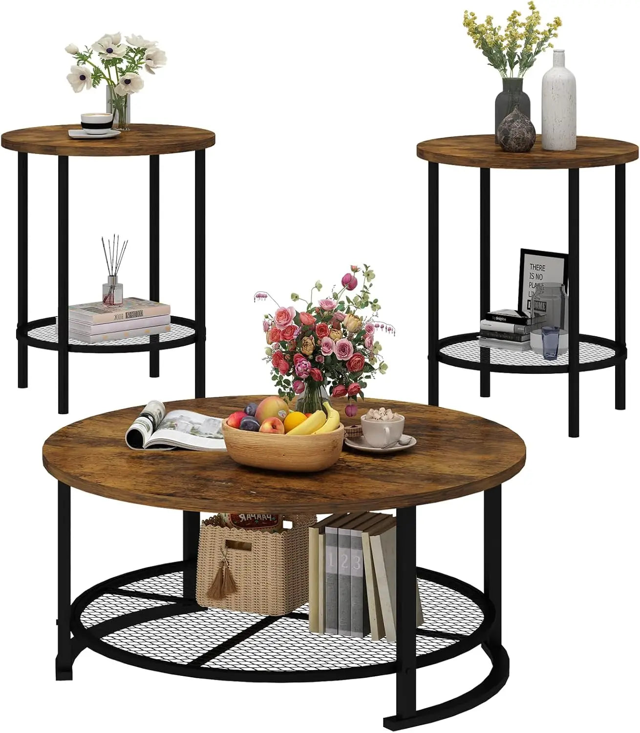 Coffee Table Set with Two End Side Tables Modern 3-Piece Living Room Table Set