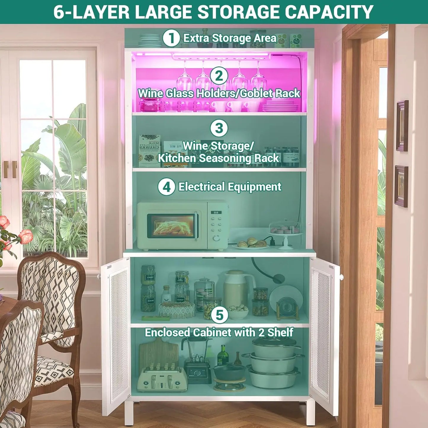 Bar Cabinet with Power Outlets, 67 Inch Tall Wine Bar - Cheerful Home Finds