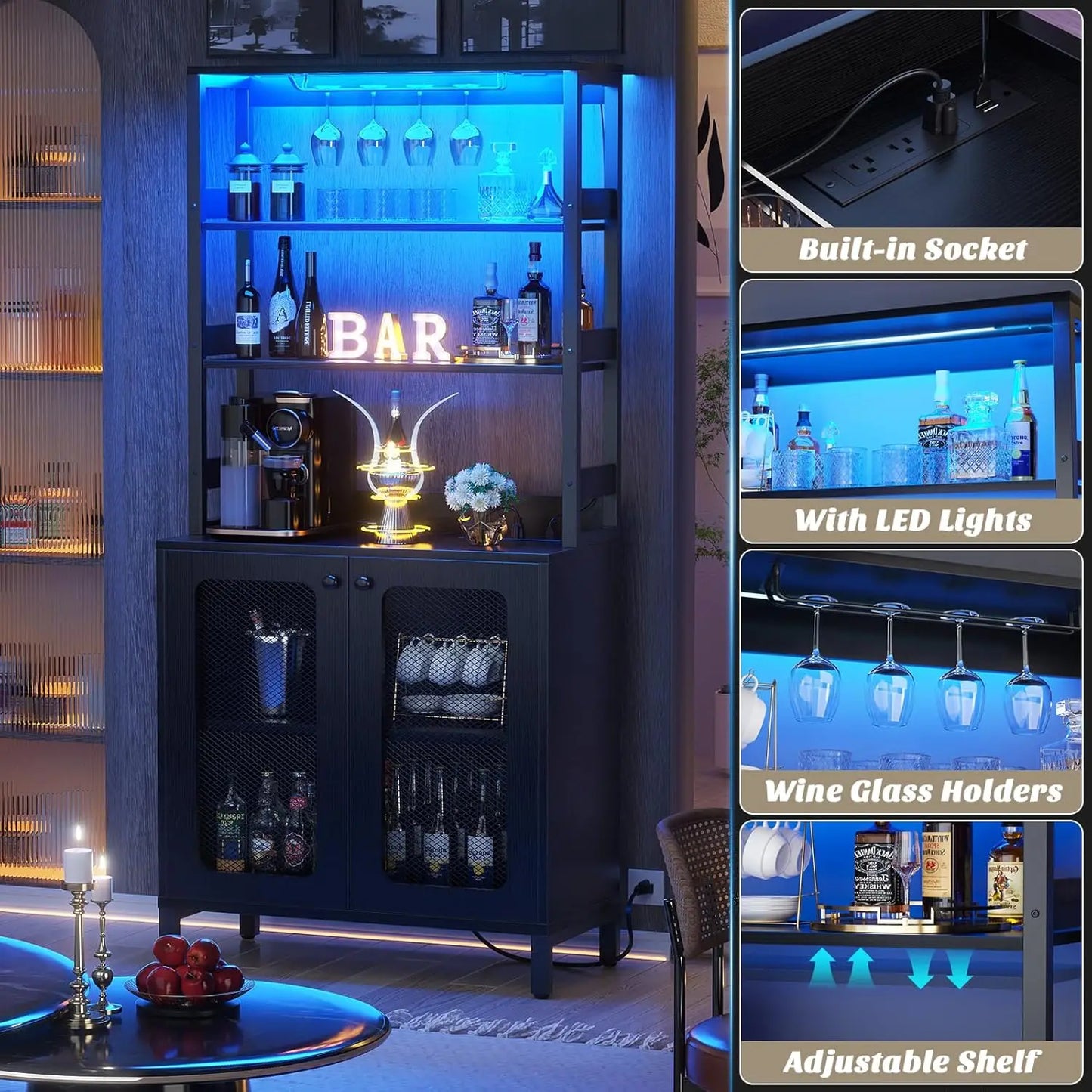 Bar Cabinet with Power Outlets, 67 Inch Tall Wine Bar - Cheerful Home Finds