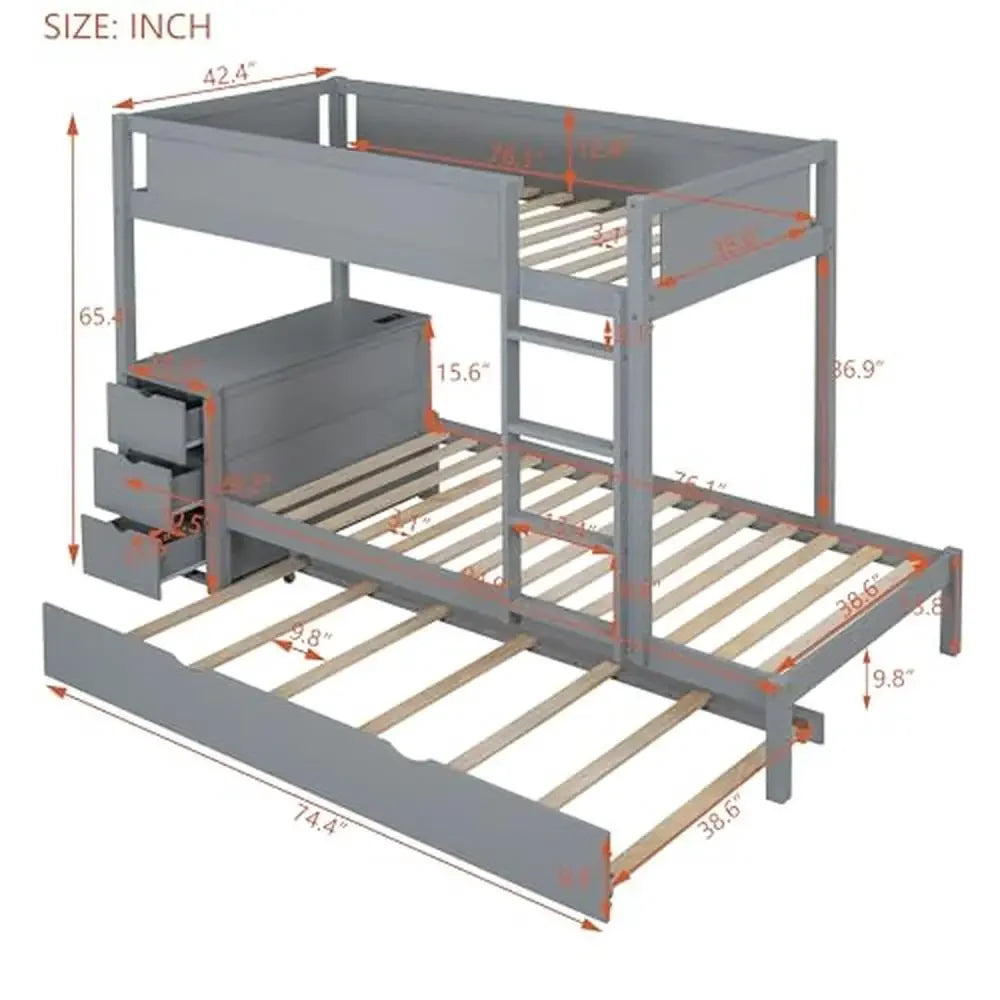 Twin Over Twin Bunk Beds with Desk Storage Drawers Trundle Charging Station Kids Teens Girls Gray Wood Frame 65.4"H 300 lbs - Cheerful Home Finds
