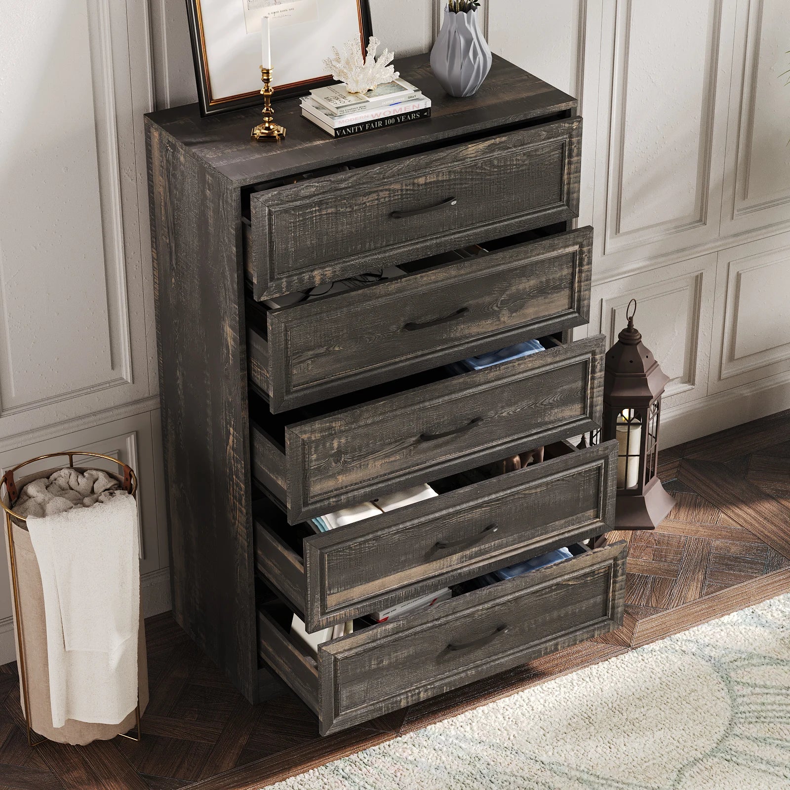 Vabches Wooden Dresser for Bedroom 47 Inch Tall 5 Drawer Storage Organizer with Metal Handles - Cheerful Home Finds