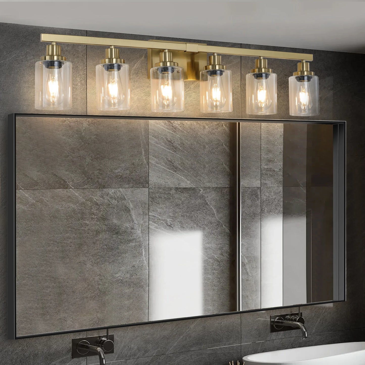 6 Light Bathroom Vanity Light Industrial Metal Fixture with Clear Glass Shades Wall Mount Mirror Lighting for Bathroom No Bulb