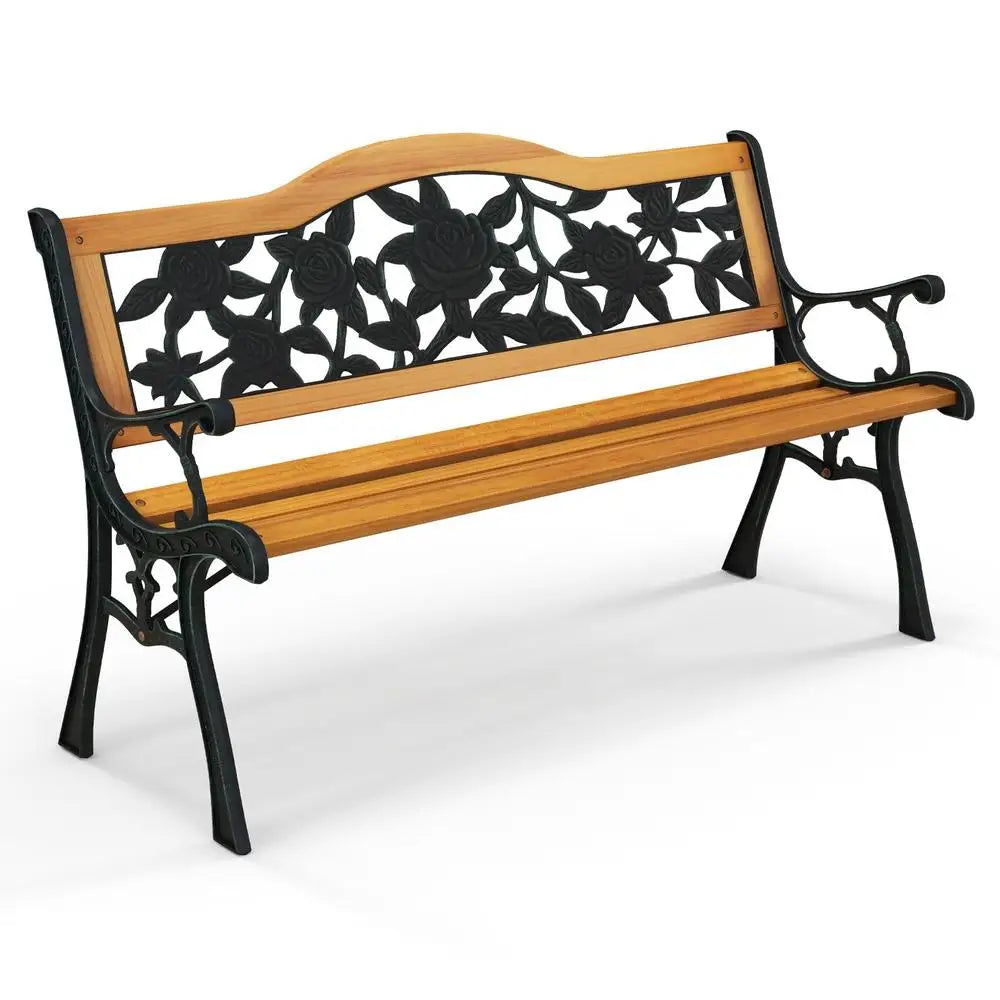 Durable Outdoor Garden Bench Cast Iron Hardwood Furniture Weather Resistant Park Loveseat Chair Patio Yard Relaxing